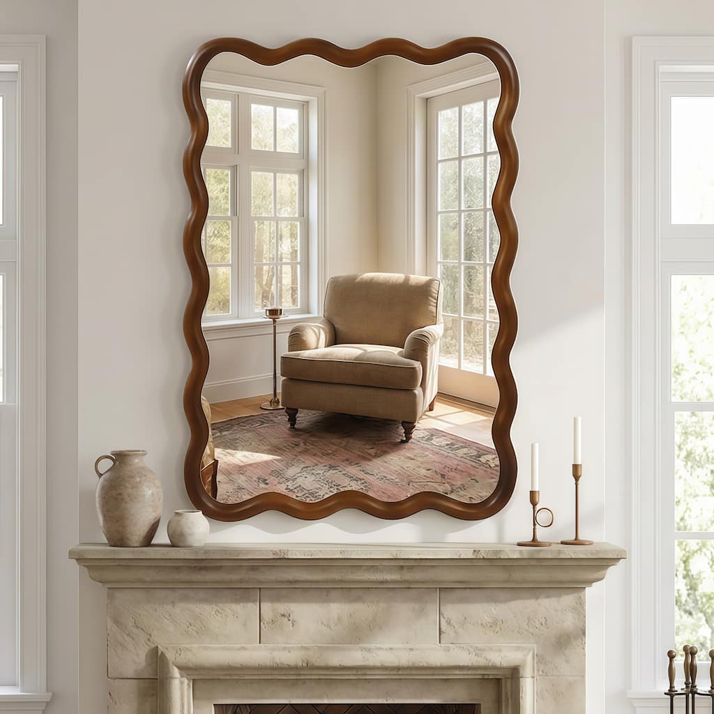Black Walnut Color 24"x36" Wavy Rectangle Solid Wood Frame Decorative Mirror,For Bedroom, Bathroom, Living Room, Entryway