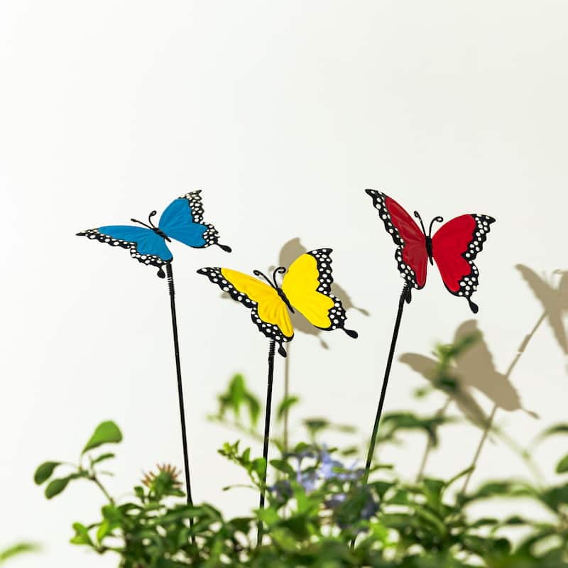 Glitzhome Metal Dimensional Flower Butterfly "Welcome" Birds Yard Stakes or Wall Decor (Set of 3)