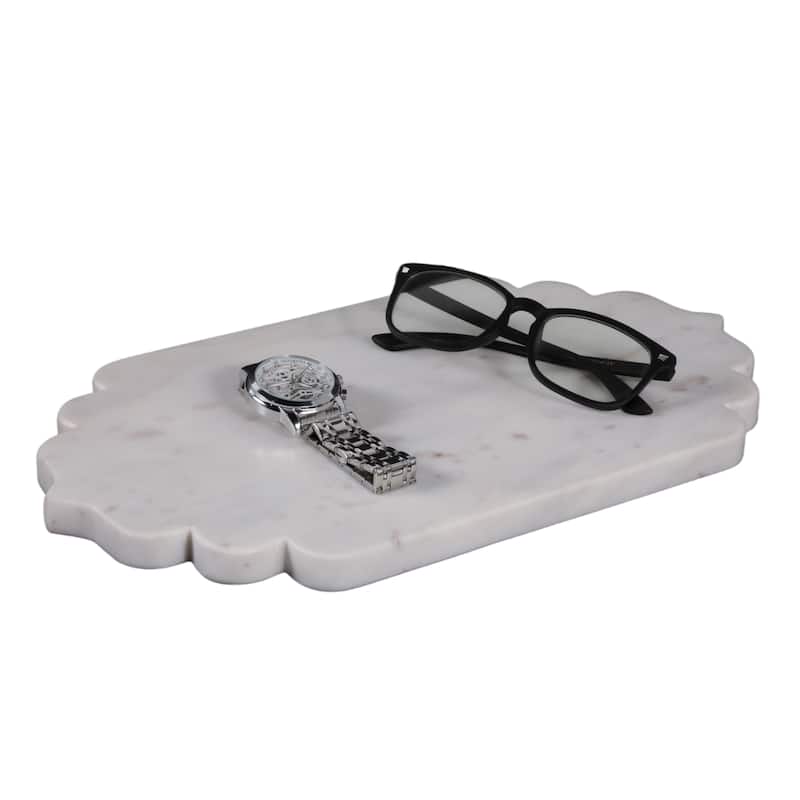 Marble Decorative Tray Scalloped Edge for Office Bedroom - 1" White - 14" x 8" x 0.5"