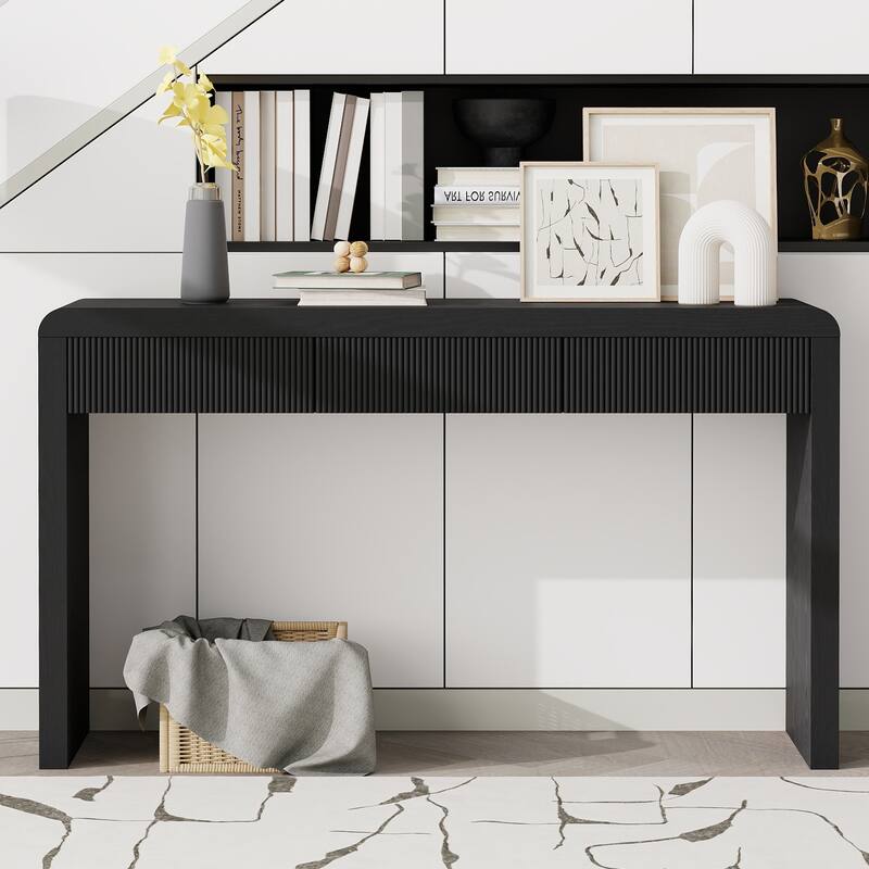 Solid Wood Veneer Rustic Console Table With Three Fluted Drawers, Showcasing Natural Wood Grain. - Black