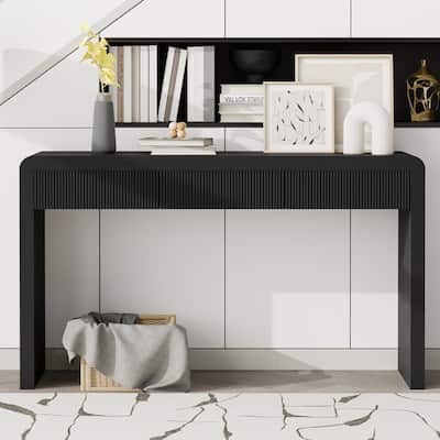 Solid Wood Veneer Rustic Console Table With Three Fluted Drawers, Showcasing Natural Wood Grain.