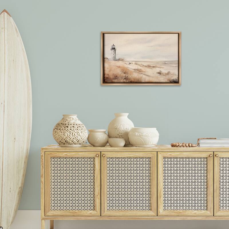 Stupell Distant Lighthouse in Neutral Tones Framed Floater Canvas Wall Art Design By Arlington Prints