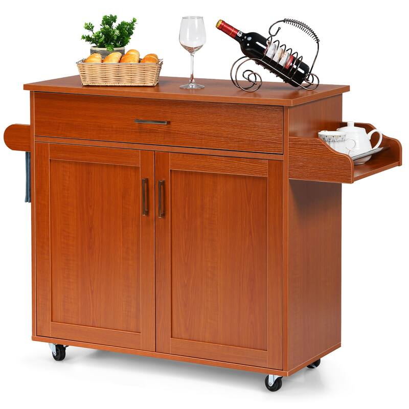 Costway Rolling Kitchen Island Cart Storage Cabinet w/ Towel & Spice - Brown