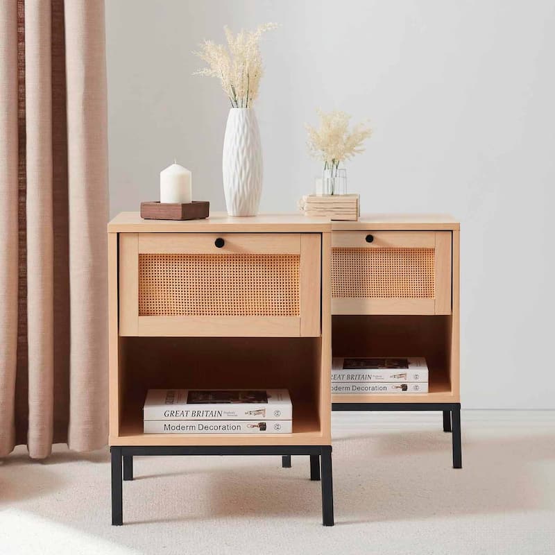Nestl Wooden Rattan Night Stand - 2 PacK - Natural - 1-drawer