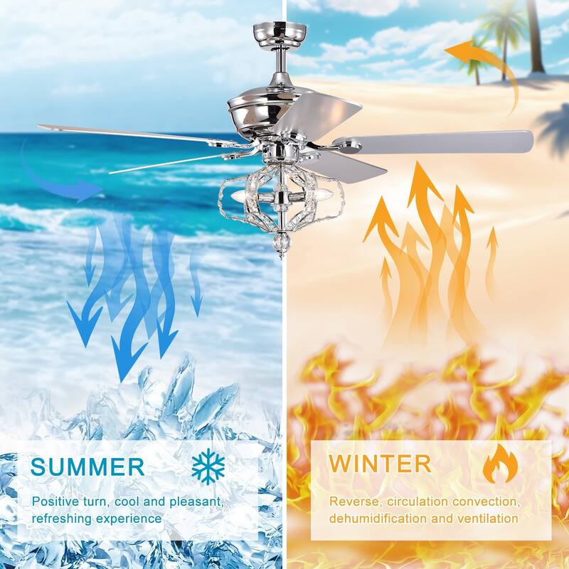 52 inch Chrome Crystal Reversible Ceiling Fan with Lights and Remote Control - 52 Inches