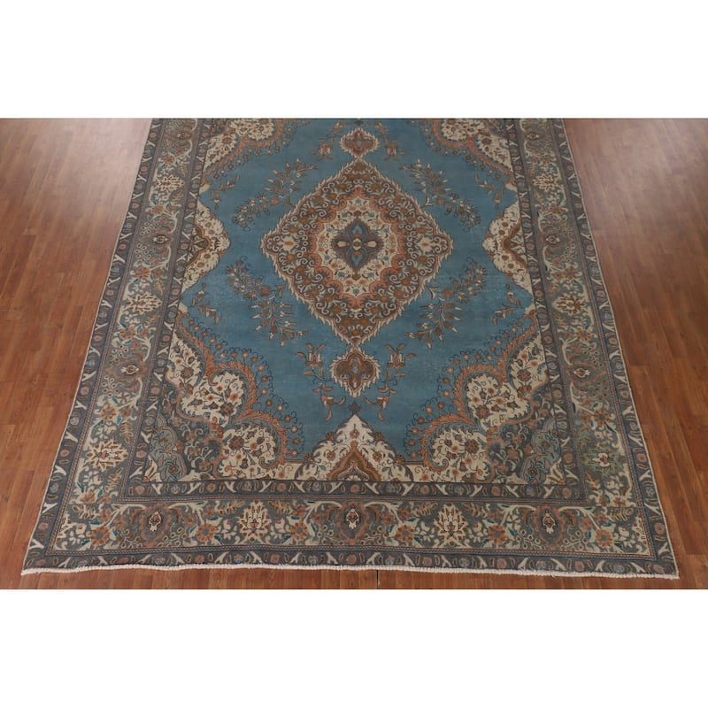 Over Dyed Tabriz Persian Vintage Rug Handmade Blue Wool Carpet - 9'10"x 12'11"