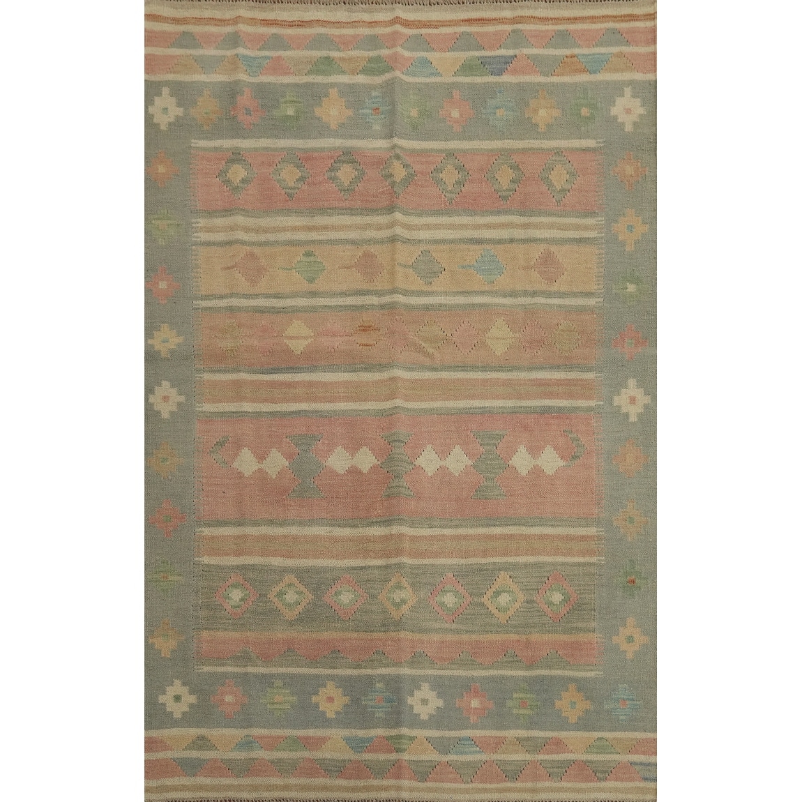Hand Woven Oriental 100% Wool Carpet Southwestern Tribal Multi-Colored Kilim Area Rug - 5' 6'' X 4' 2''