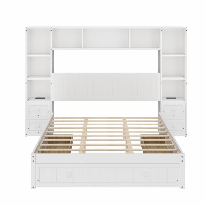 Full/Queen Size Platform Bed w/All-in-One Storage Cabinet, Multi-Functional Captain Bed w/Drawers, 2 Charging Stations & Shelves