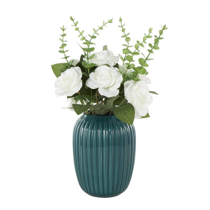 White Fabric Artificial Flower with Green Leaves and Round Ceramic Vase