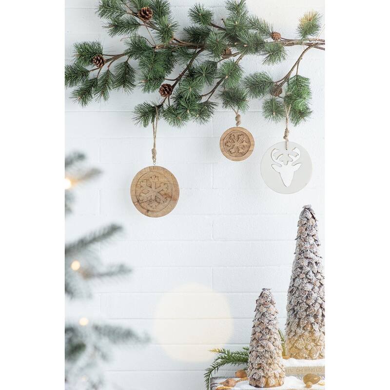 6" x 6" Wooden Hanging Circle With Snowflake Cut, Decorative Hanging Christmas Tree Ornaments for Holiday, Set of 12