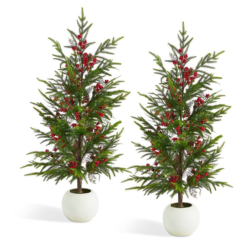 Glitzhome Christmas Greenery PE Dripping Pine Porch Tree with Pinecones and Red Berries