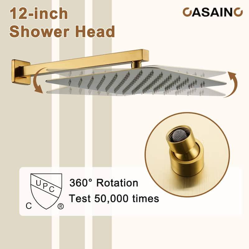 Luxury Thermostatic Shower System 1-Spray Patterns Wall Mount Fixed Shower Head and Handheld Spray with 6 Body Jets - 12" x 12"