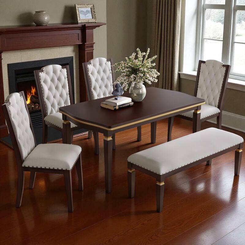 6-Piece Dining Table Set with 4 Tufted Chairs and Bench, 60" Rectangular Wood Table, Modern Dining Room Furniture - Espresso