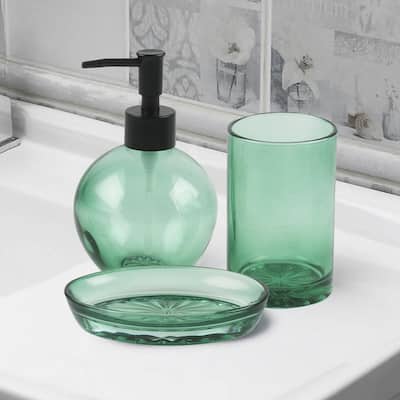 Green Clear Transparent Elegant Glass Bathroom Accessories Set - Soap Dispenser, Soap Dish & Tumbler - N/A