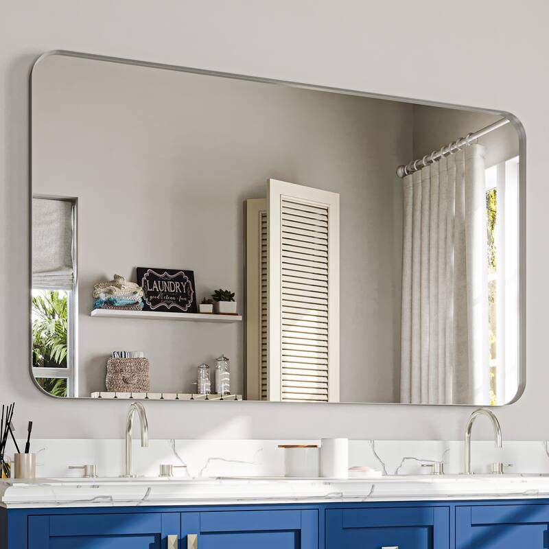 Stylish Rounded Aluminum Framed Bathroom Mirror – Full Length Wall Accent Mirror for Elegant Home Decor - 60"×36" - Brushed Silver