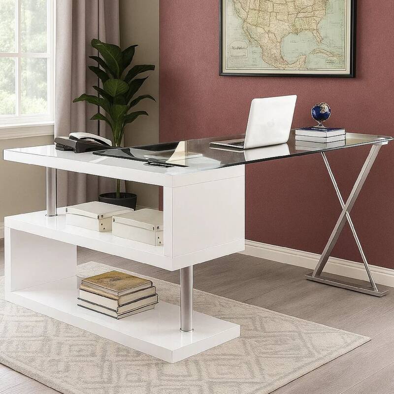 Wooden Computer Desk with Keyboard Tray and Open Bottom Shelf, Brown