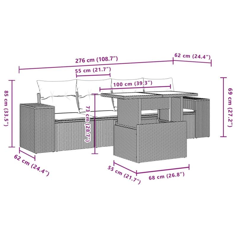 vidaXL Patio Sofa Set with Cushions Outdoor Furniture 5 Piece Poly Rattan - 21.7 x 39.4 x 28.7