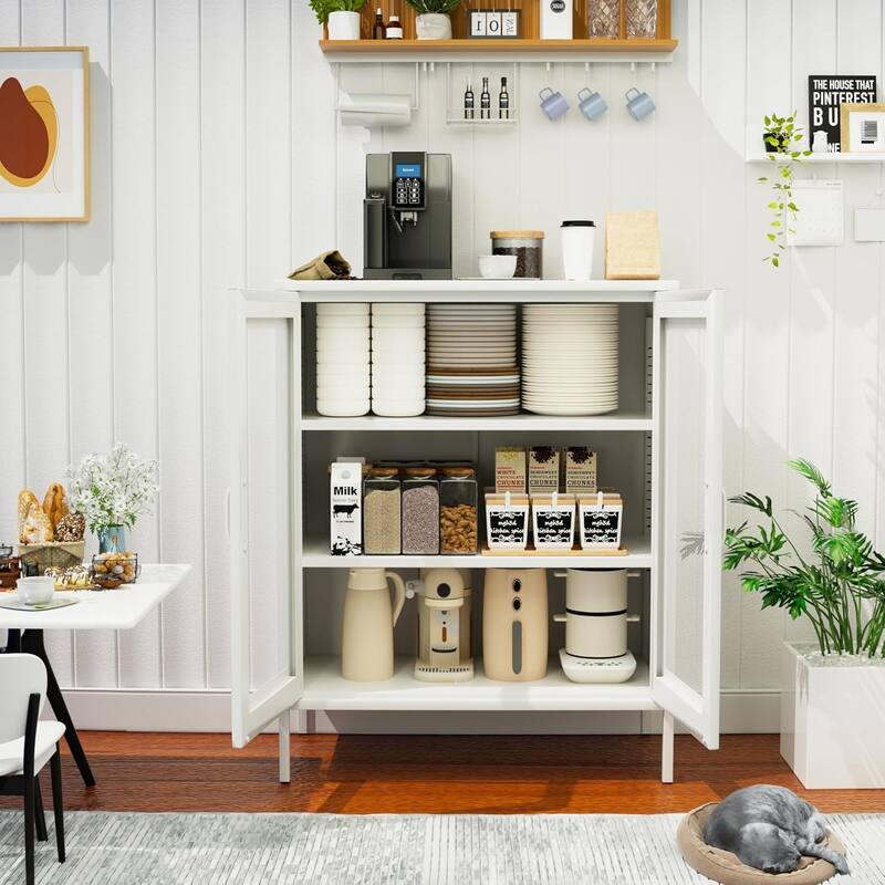 Metal Storage Cabinet with Mesh Doors,Steel Display Cabinet with Adjustable Shelves, for Home Office - White
