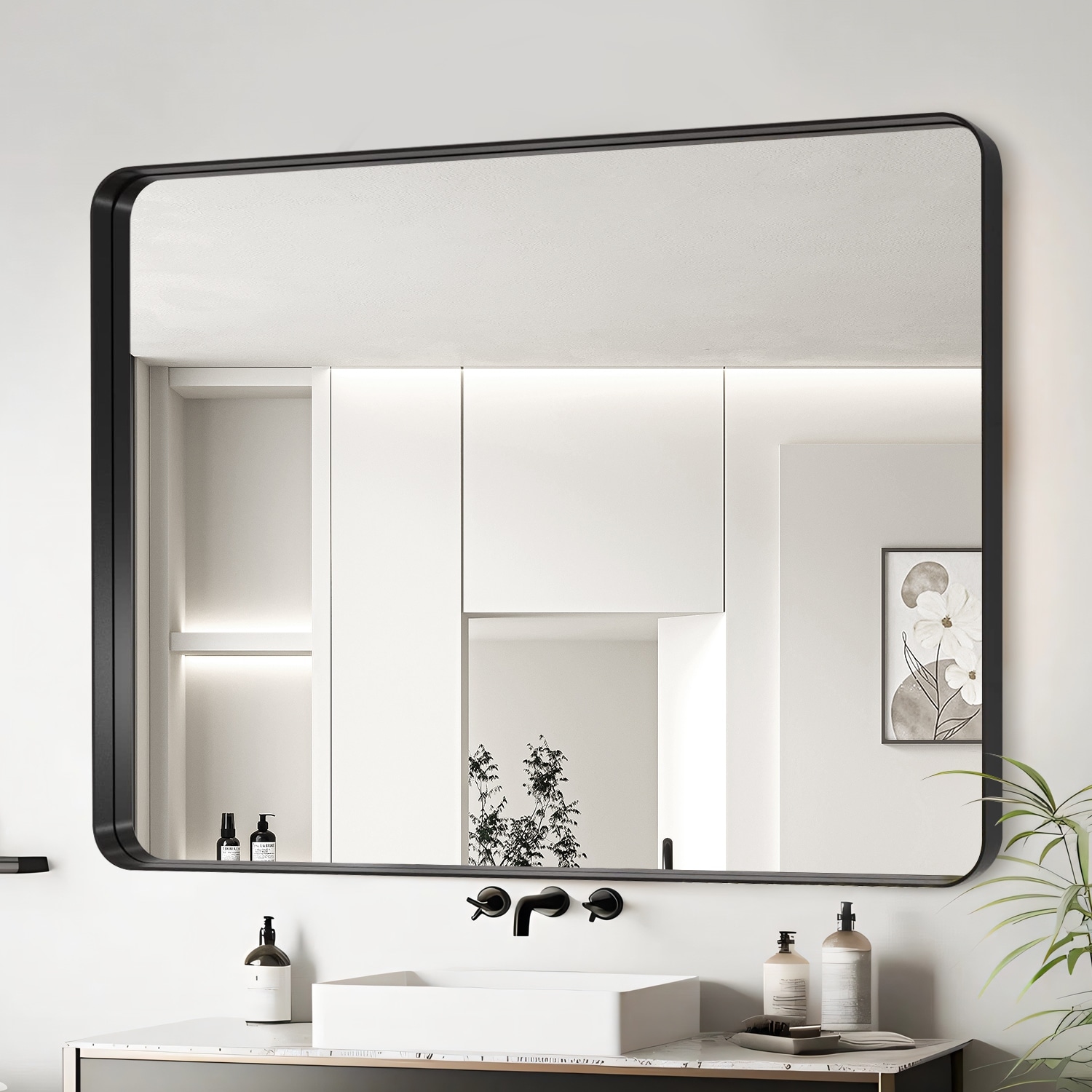 40x30 Inch Black Aluminium Frame Bathroom Mirror, Clear Reflection With No Distortion