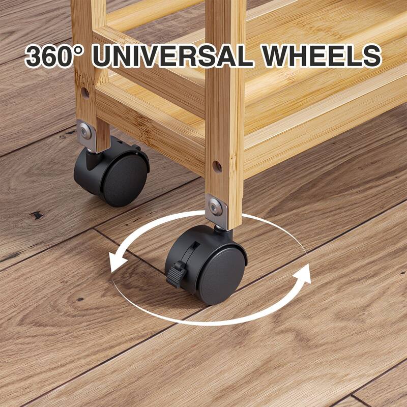 Anmytek 3-Tier Bamboo Kitchen Rolling Cart - Multi-Purpose Mobile Trolley with Lockable Wheels
