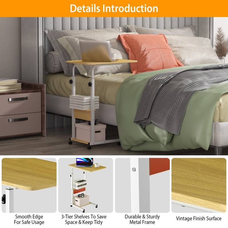 3-Tier C-Shaped Side Table with Adjustable Height and Wheels Ideal for Living Room or Bedroom