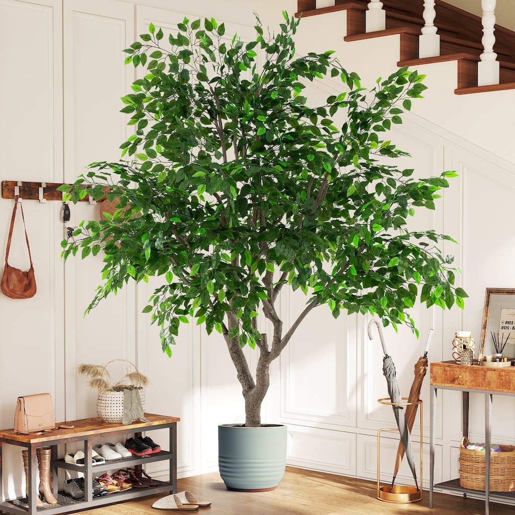 8.2 FT Artificial Ficus Tree with Wide Cement Base and Realistic PEVA Leaves for Home Decor - 8.2 FT