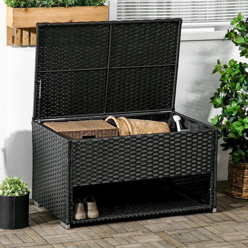 Brown Tropical Rattan Storage Deck Box with Hydraulic Lid, Under Shelf and Wheels for Patio Poolside