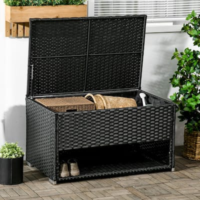 Outsunny Outdoor Deck Box & Shoe Storage, PE Rattan Wicker Towel Rack with Liner for Indoor, Outdoor