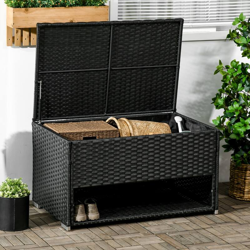 Pool Deck Storage Box Multipurpose Storage Box Rattan Deck Box with Liner and Spring-Assisted Lift for Indoor Outdoor Garden - Black