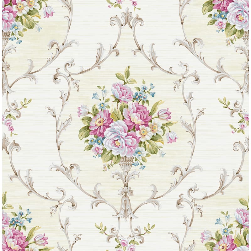 Seabrook Designs Femie Framed Peony Bouquet Unpasted Wallpaper - 20.5 in. W x 33 ft. L - Metallic Cream & Lilac