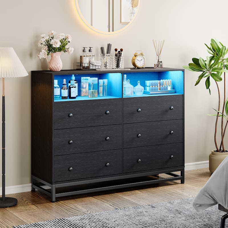 6 Drawer Dresser with LED Lights Modern Large Capacity Storage Cabinet - Black
