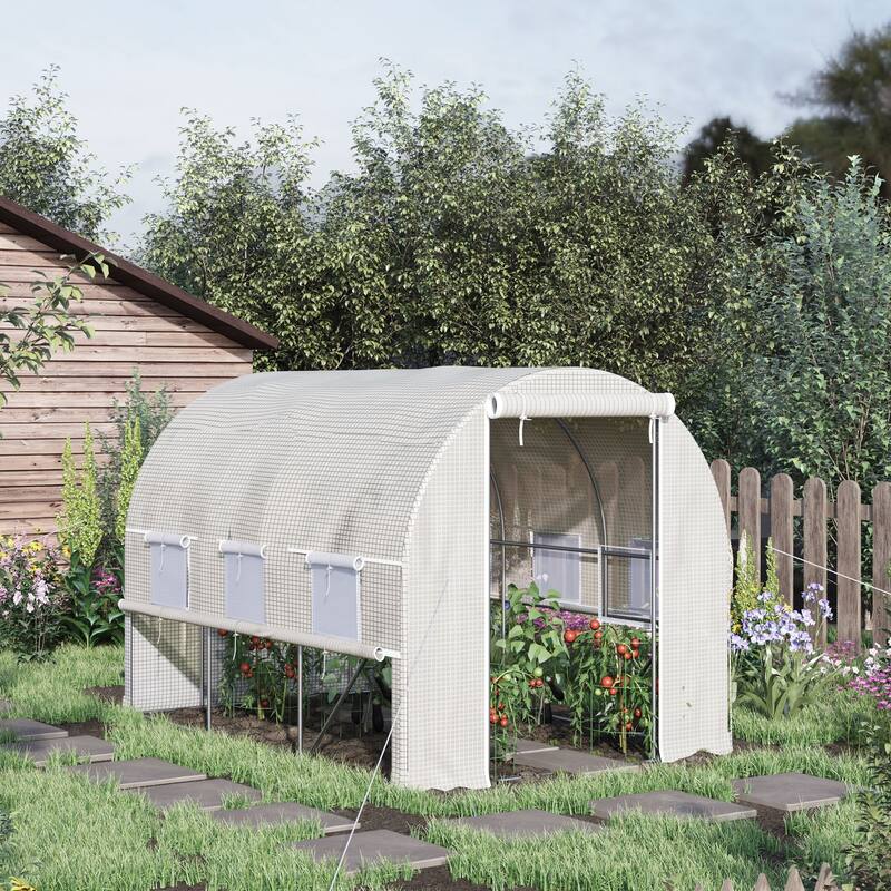 UV-Resistant Tunnel Green House with Zipper Doors and Mesh Windows Sloped Arch Roof Garden Shed, Rust-resistant - White