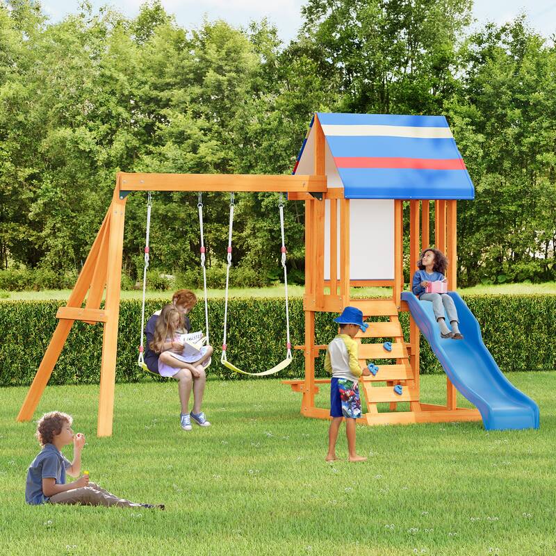 Outdoor 3 in 1 Wood Swing Set with Slide, 2 Swings and Climber - Blue