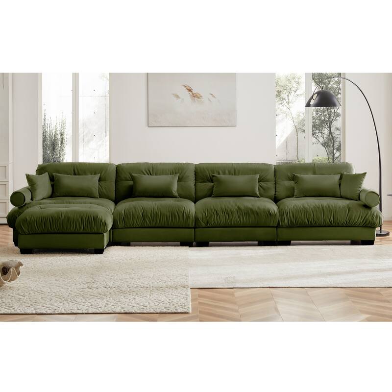 166" Velvet L-Shaped Sectional Sofa with Pillows & Convertible Design
