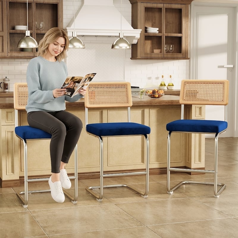 26" Counter Height Bar Stool with Velvet Upholstered Seat and Woven Rattan-Style Back - 26" H