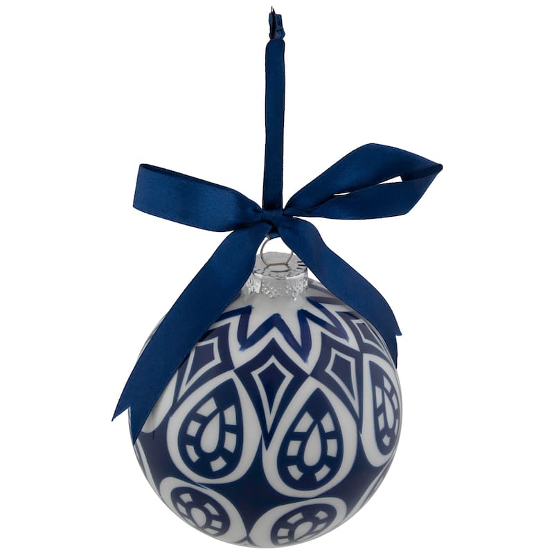 Mosaic Glass Christmas Ball Ornament - 4" - White and Blue