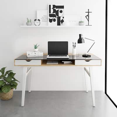 Tempered Glass Top Computer Desk with Two Drawers and One Open Compartment, Walnut