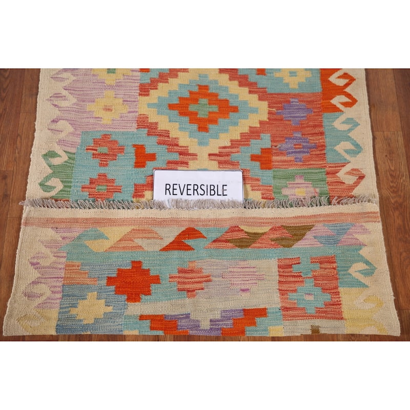 Southwestern Kilim Area Rug Reversible Hand-Woven Wool Carpet - 3'3"x 5'1"