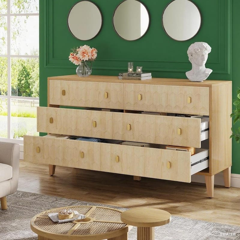 6 Drawer Wooden Dresser Storage Cabinet with Metal Legs Brown Modern Organizer for Bedroom Living Room Hallway