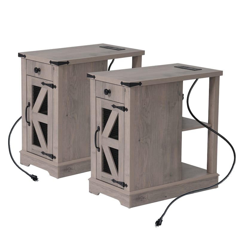 2 Pcs Side Table with Charging Station with Storage Shelf and Drawers