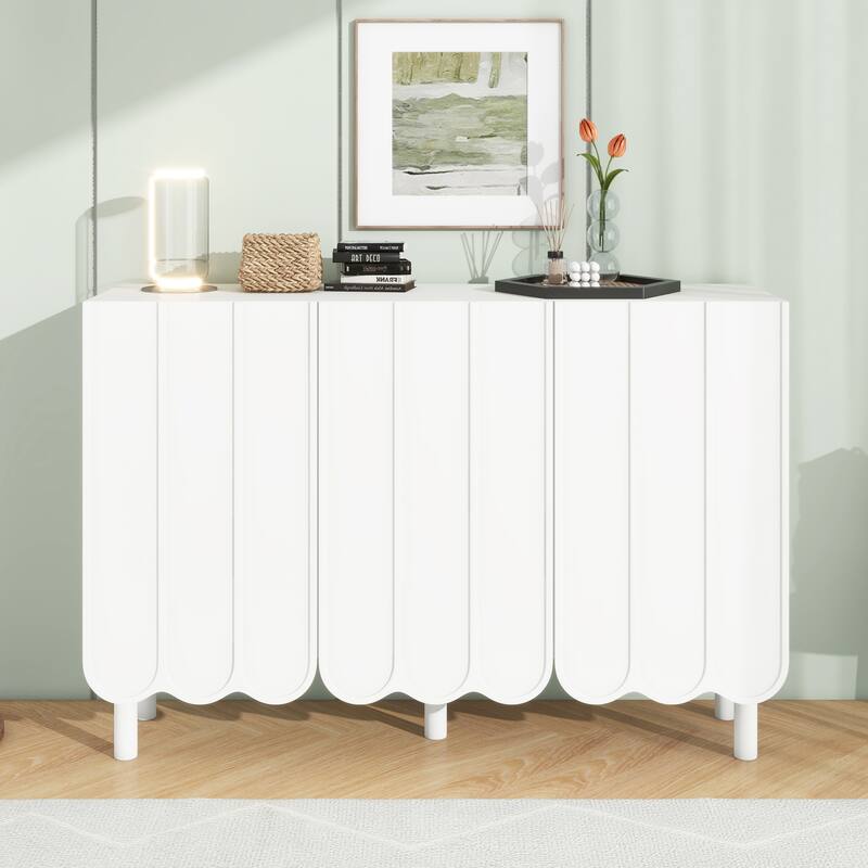 Shoe Cabinet with 5 Solid Wood Legs, Sideboard Buffet Cabinet with Adjustable Shelves, Large Storage Cabinet with Wave Doors - White