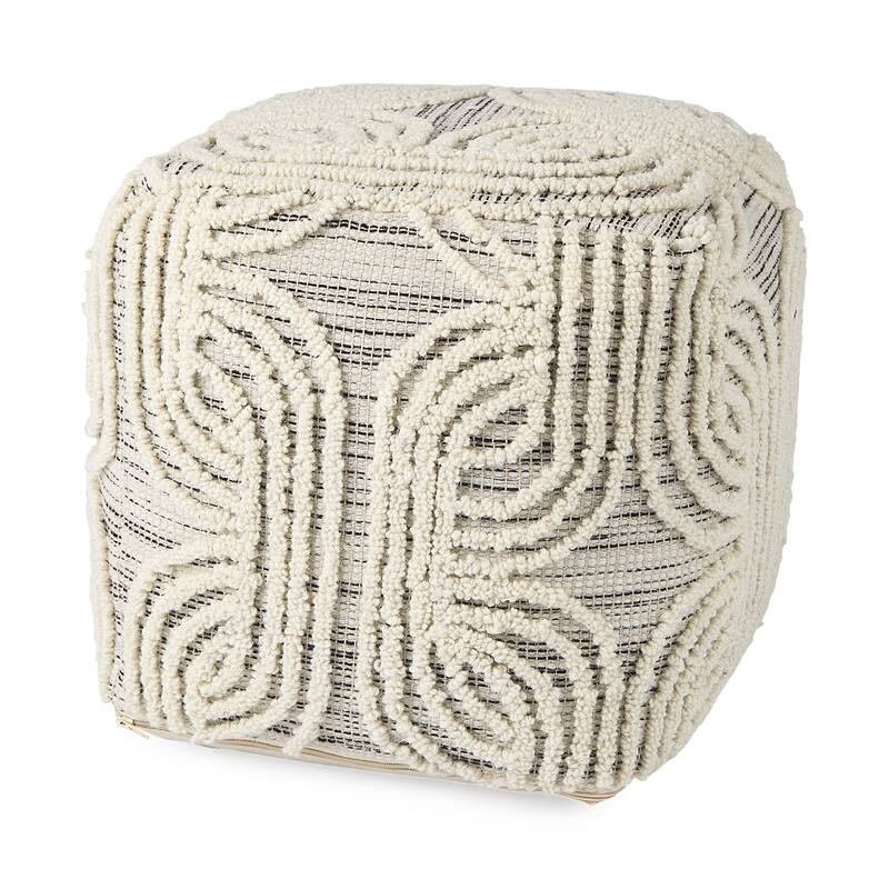 Mercana "Amaira" Cream / Black / White Patterned Wool & Cotton Square Pouf - Cream, Black & Grey