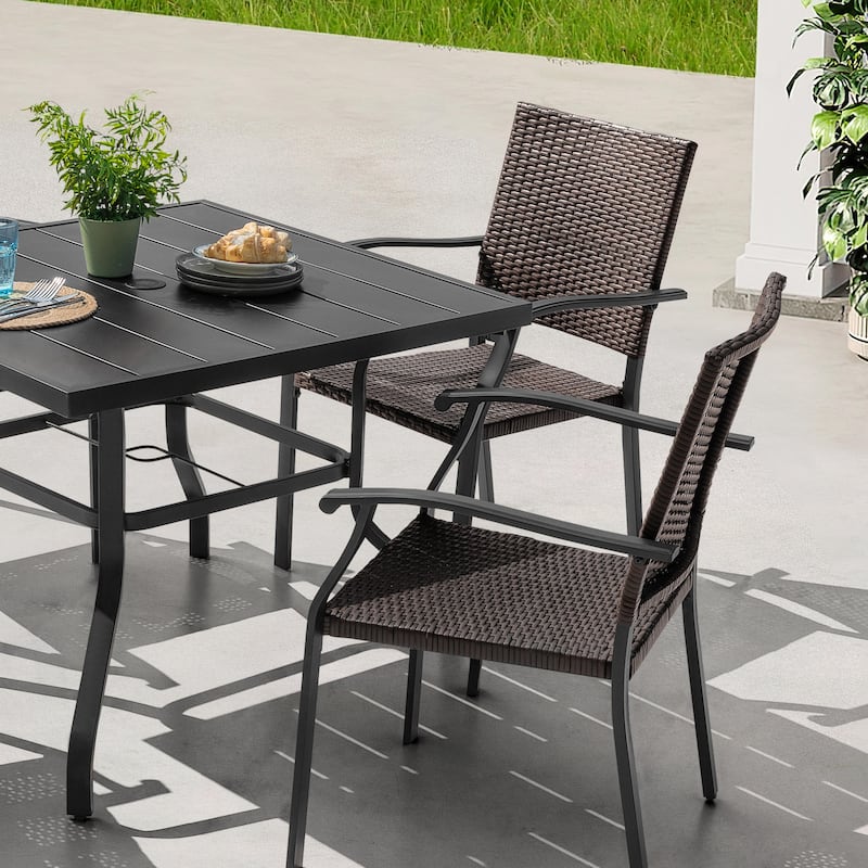 5PCS Outdoor Dining Set, 4 Wicker Chairs and Iron Table with Umbrella Hole