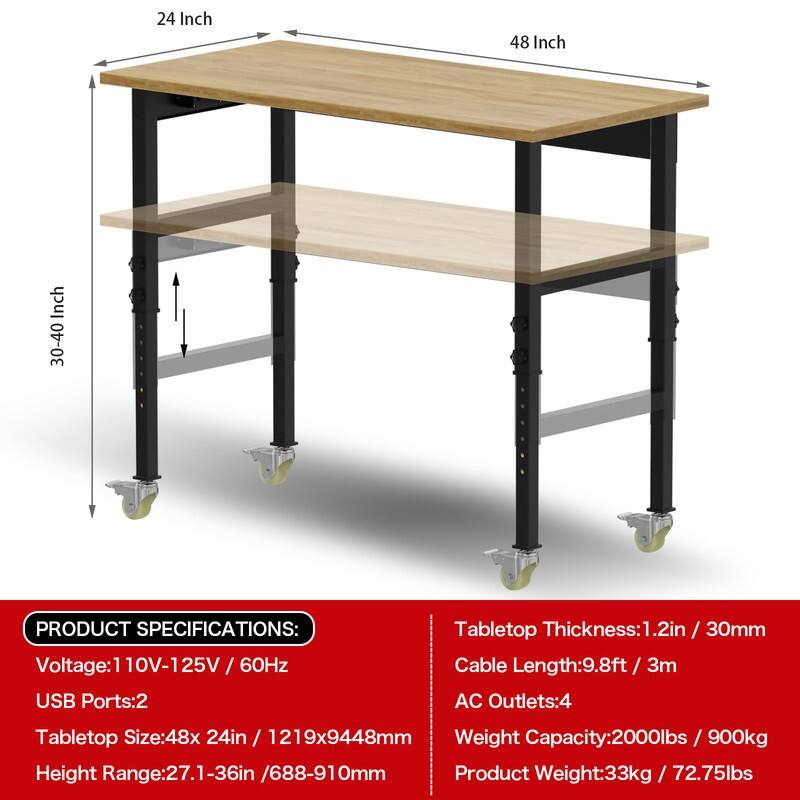 Adjustable Work Bench Wood Top Garage Workbench with Power Outlet - Brown/Black