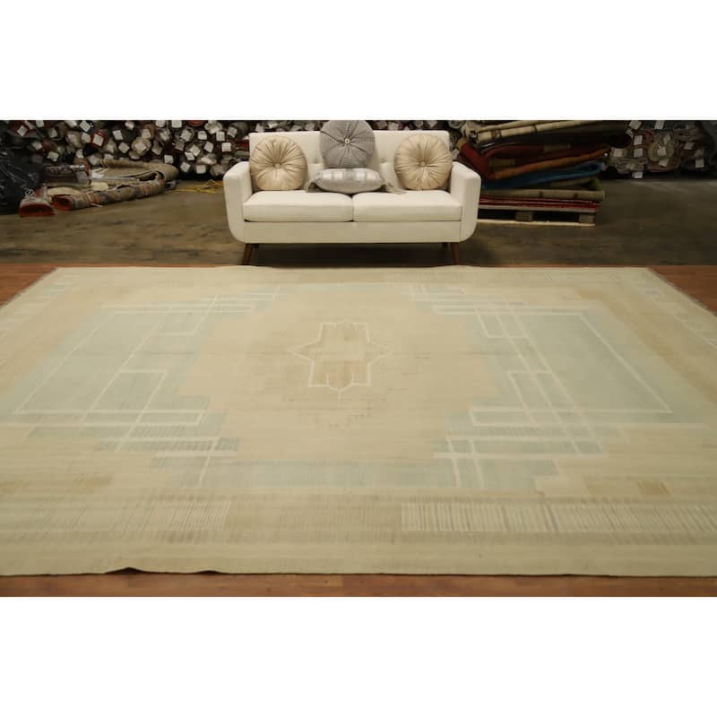 Hand Woven Oriental 100% Wool Carpet Southwestern Tribal Green Kilim Area Rug - 12' 9'' X 9' 10''