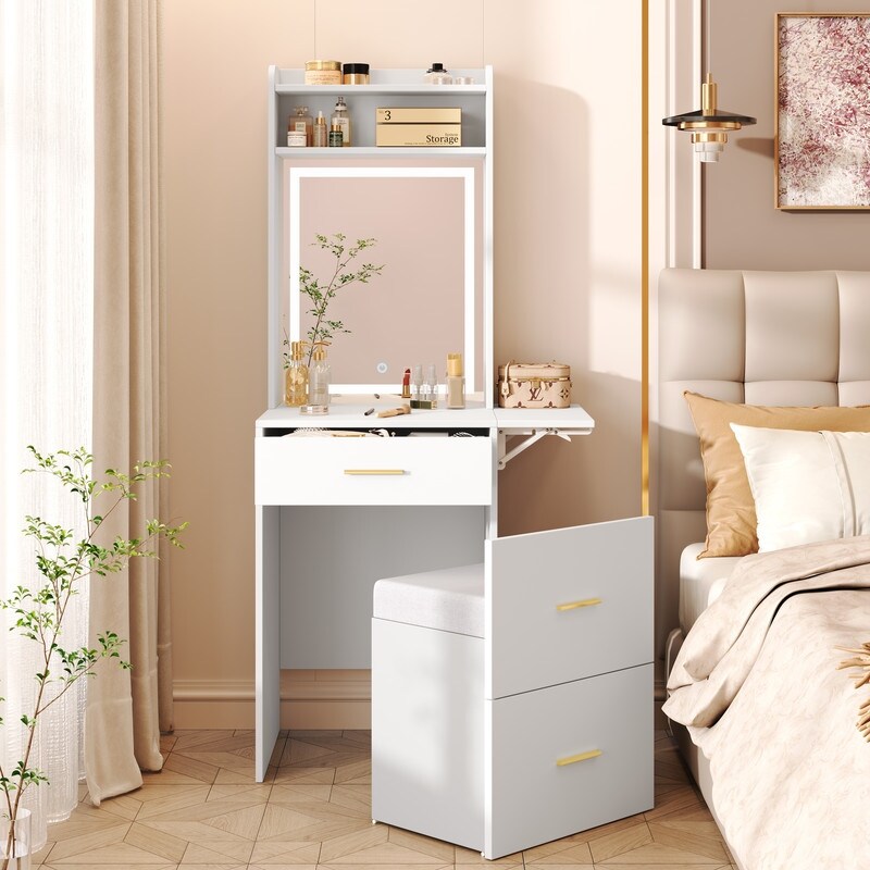 2 in 1 Vanity Desk with Fold up Panel Makeup Vanity Table with Cushioned Stool Charging Station Dressing Table Set