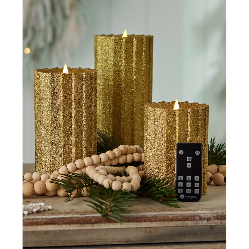 Sutton Fluted Motion Flameless Candle 4x8 Glitter Gold