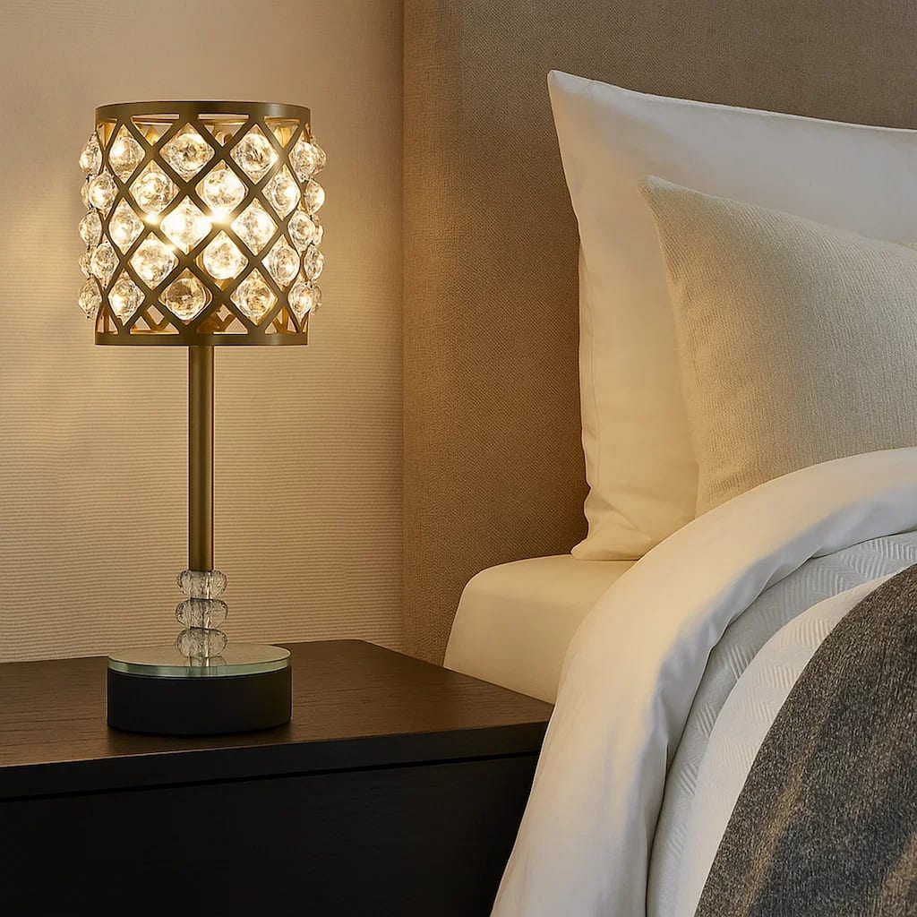 Dany 24 Inch Table Lamp with Crystal Drum Shade, Black Metal, Antique Brass