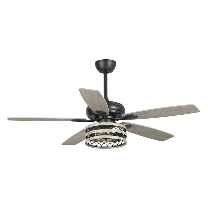 52" Farmhouse Driftwood 5-Blade Black Caged Ceiling Fan with Remote