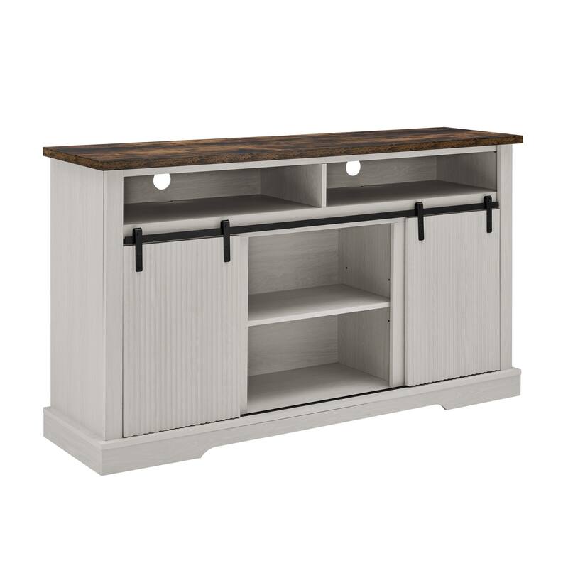 Rustic Sliding Barn Door TV Stand with Upper Lower Storage Shelf and Adjustable Shelves for Living Room